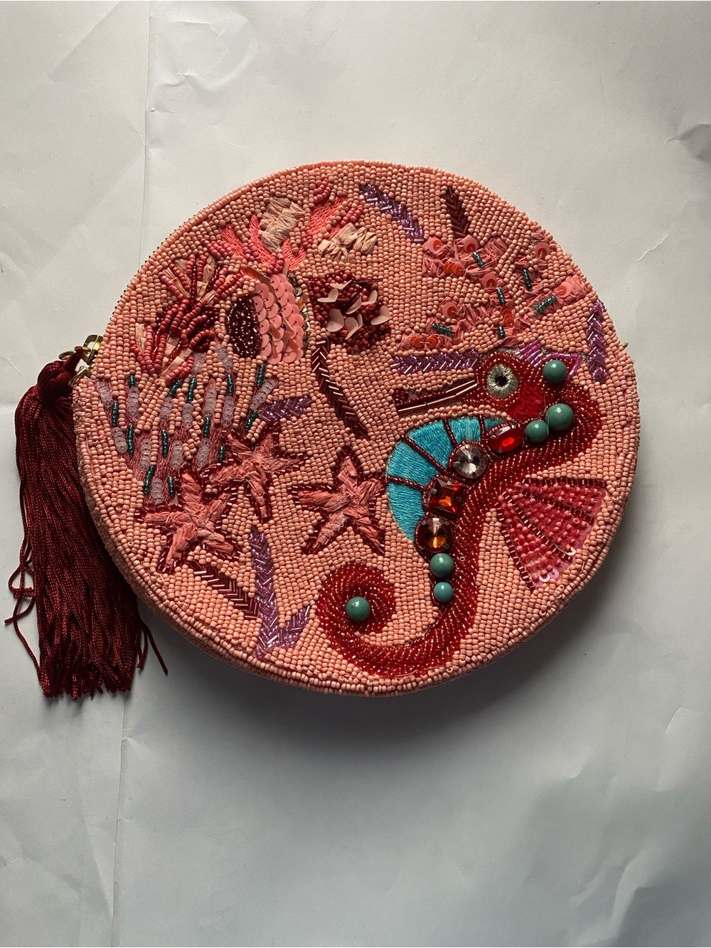 Anthropologie Embellished Round Beaded Clutch - Pink